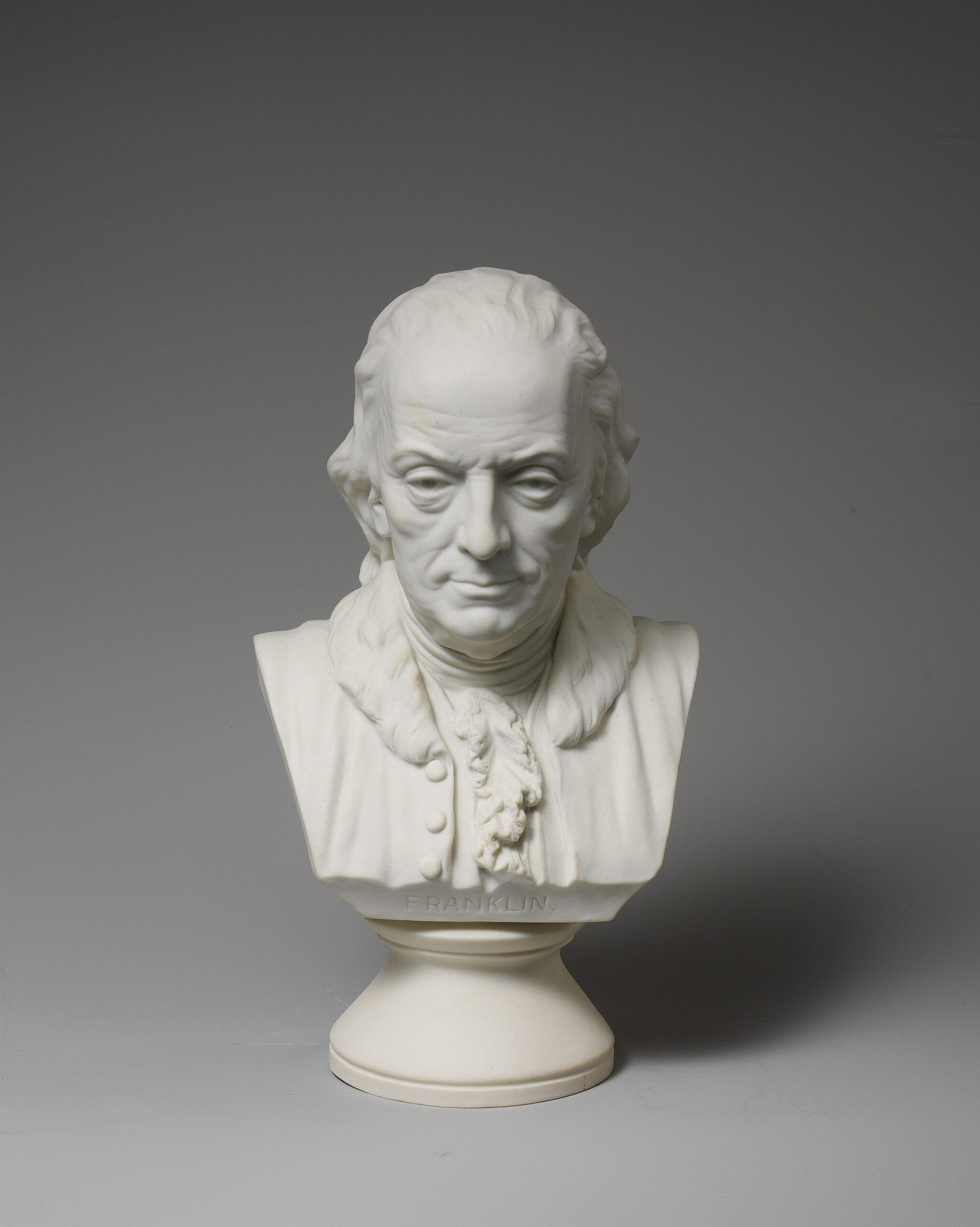 Bust of Benjamin Franklin by Isaac Broome, crafted by Ott and Brewer. A striking 19th-century tribute to the Founding Father’s legacy.