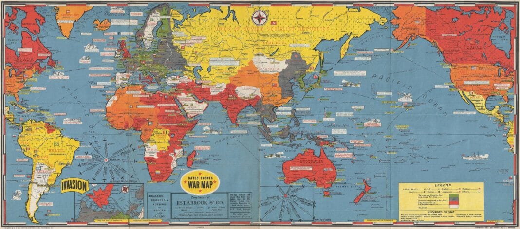 Detailed world map highlighting key events of the World Wars, including major battles, alliances, and shifting borders across continents.
