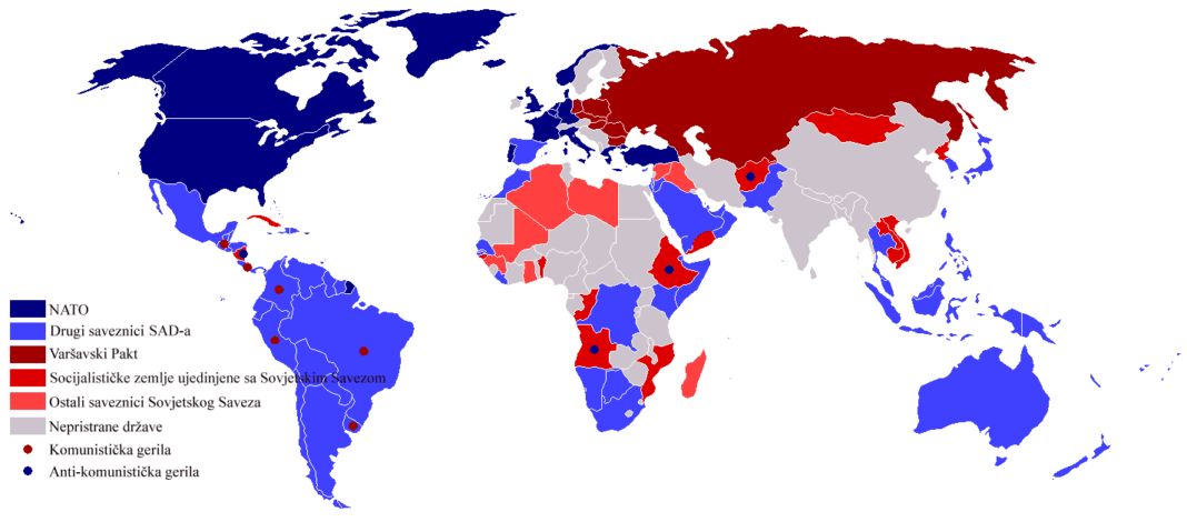 Map of Cold War countries, highlighting the division between NATO allies and Soviet bloc nations, showcasing global geopolitical tensions.