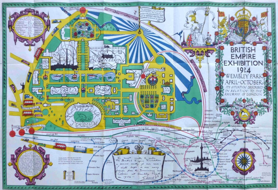 Plan of British Empire Exhibition, showcasing British rule across colonies and territories, illustrating global influence and imperial reach.
