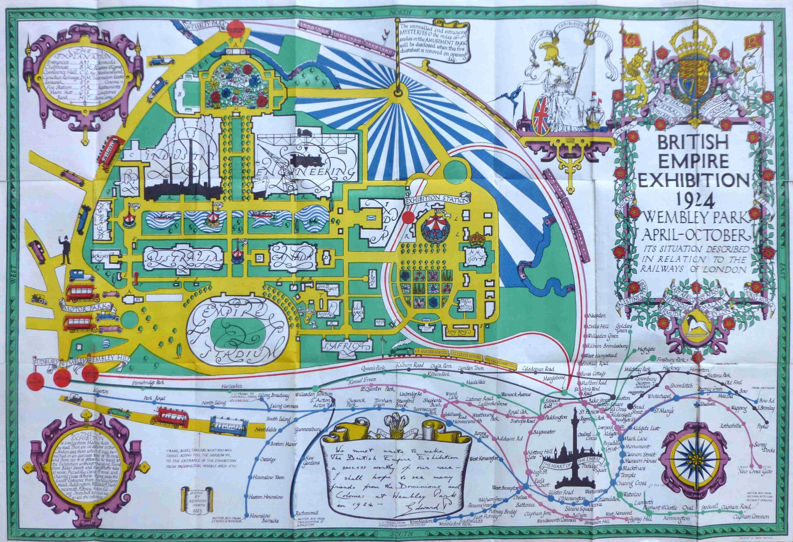 Plan of British Empire Exhibition, showcasing British rule across colonies and territories, illustrating global influence and imperial reach.